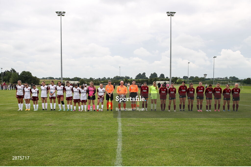 14 July 2024; Players and officials observe a minute of silence for Zara Murphy, before the FAI Women's Under 17 Cup final match between Athenry and Killester Donnycarney FC at Mullingar Athletic FC in Gainstown, Westmeath. Photo by Michael P Ryan/Sportsfile