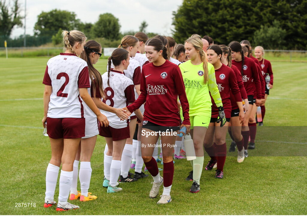 14 July 2024; Players from both teams during the pre match handshake before the FAI Women's Under 17 Cup final match between Athenry and Killester Donnycarney FC at Mullingar Athletic FC in Gainstown, Westmeath. Photo by Michael P Ryan/Sportsfile