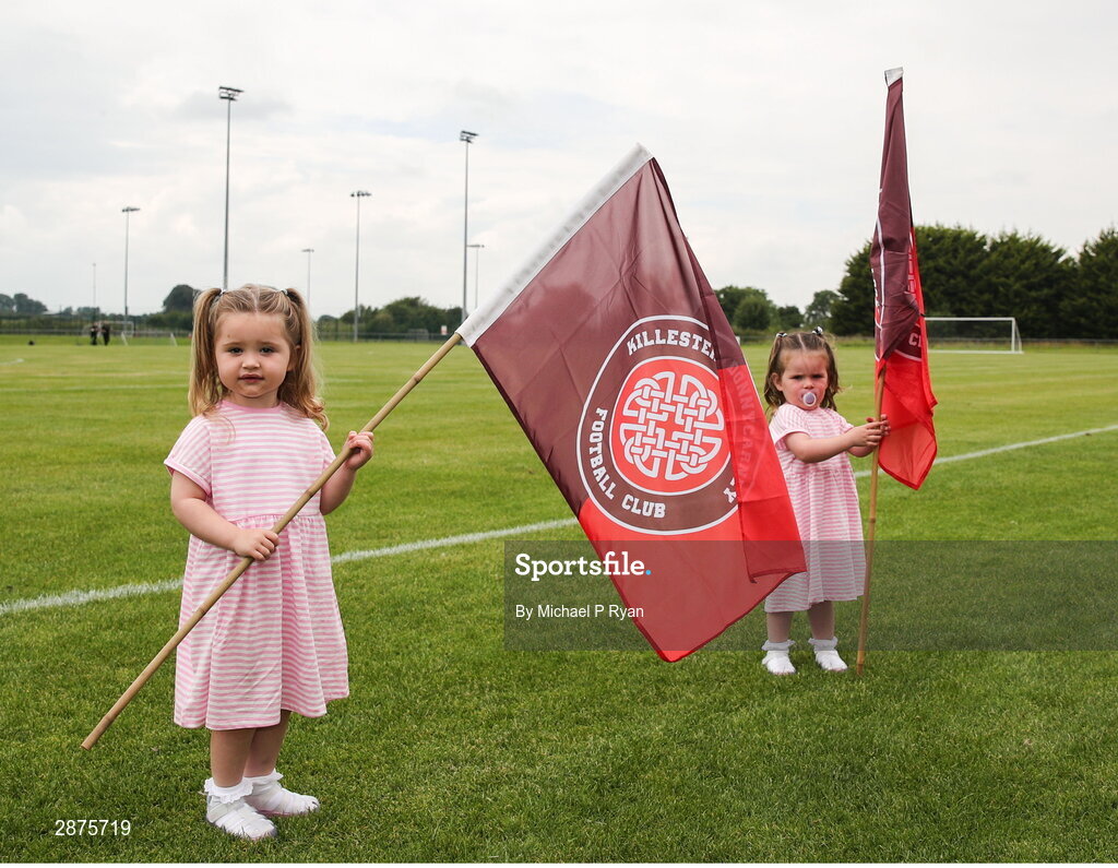14 July 2024; Killester Donnycarney FC supporters, Rafi and Lucy Keoghan before the FAI Women's Under 17 Cup final match between Athenry and Killester Donnycarney FC at Mullingar Athletic FC in Gainstown, Westmeath. Photo by Michael P Ryan/Sportsfile