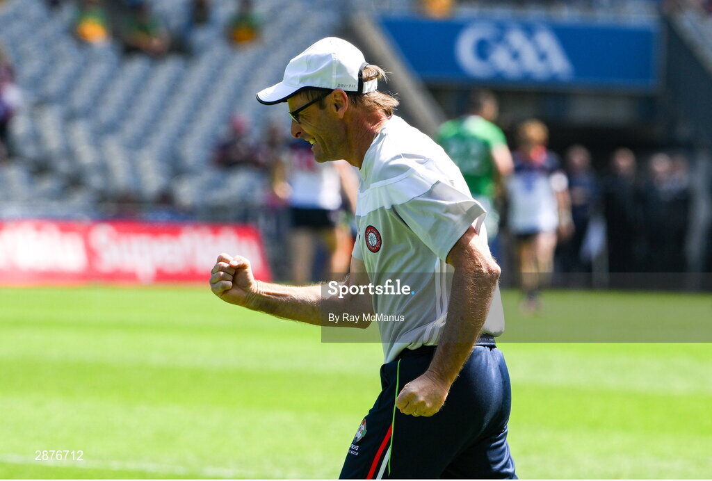 14 July 2024; New York manager Patrick Mulvihill celebrates winning the GAA Football All-Ireland Junior Championship final between London and New York at Croke Park in Dublin. Photo by Ray McManus/Sportsfile