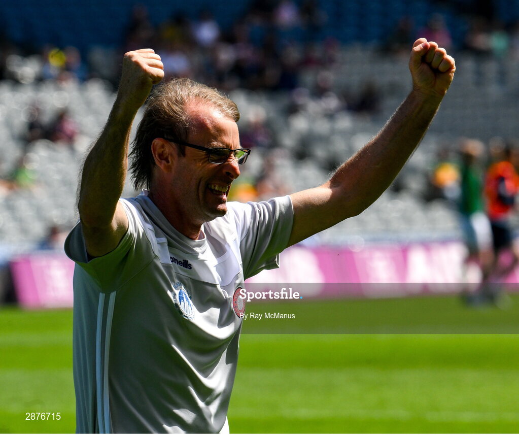 14 July 2024; New York manager Patrick Mulvihill celebrates winning the GAA Football All-Ireland Junior Championship final between London and New York at Croke Park in Dublin. Photo by Ray McManus/Sportsfile