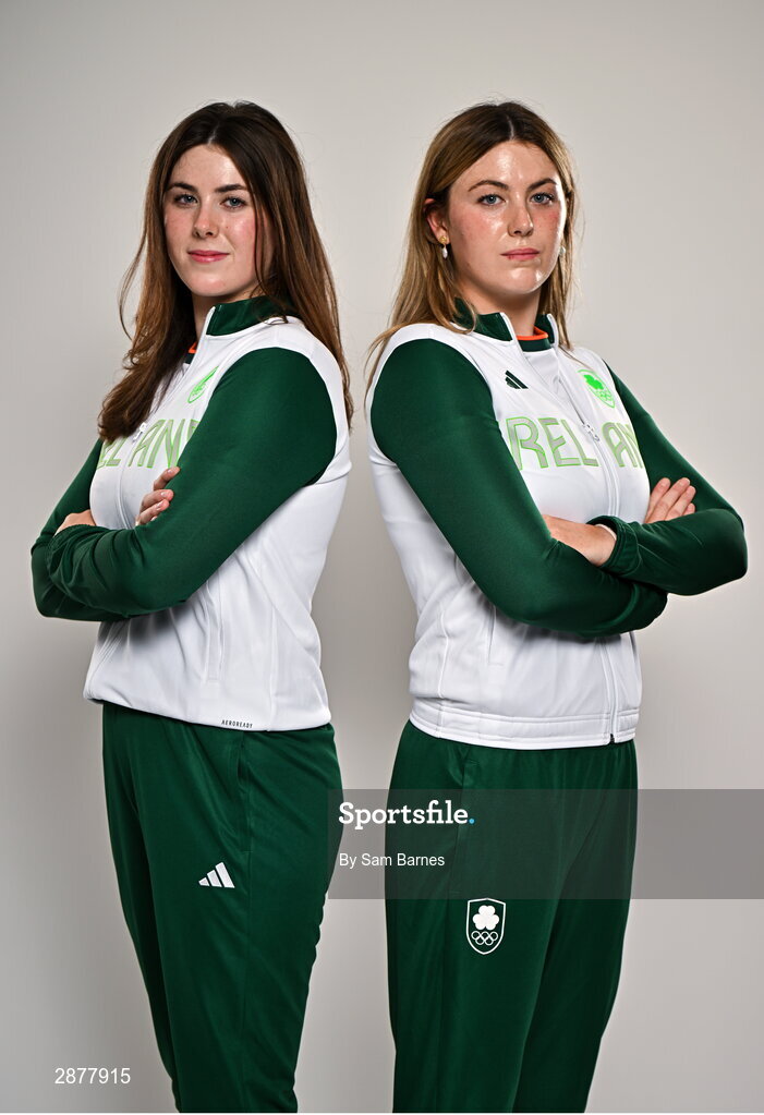 16 July 2024; Michaela Corcoran, left, with her sister Madison Corcoran during the Team Ireland Paris 2024 team announcement for Canoeing at The Crowne Plaza Hotel in Blanchardstown, Dublin. Photo by Sam Barnes/Sportsfile