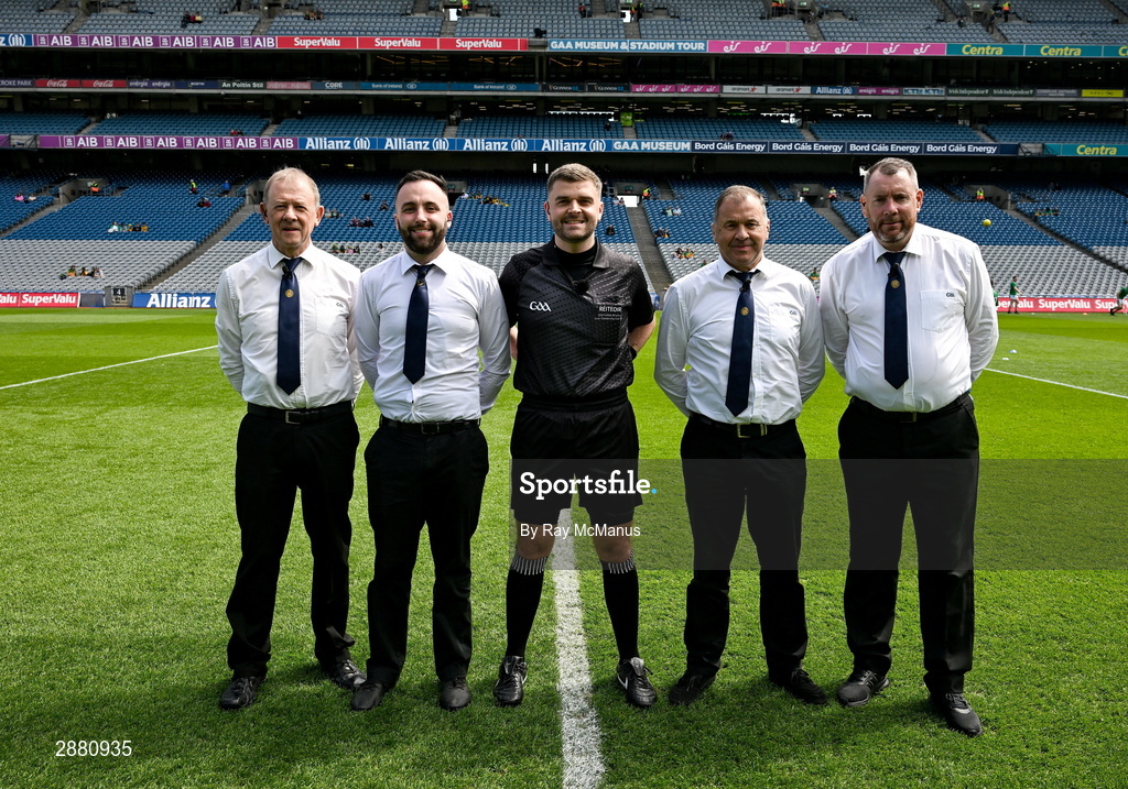 14 July 2024; Referee Conor Dourneen and his umpires before the GAA Football All-Ireland Junior Championship final between London and New York at Croke Park in Dublin. Photo by Ray McManus/Sportsfile