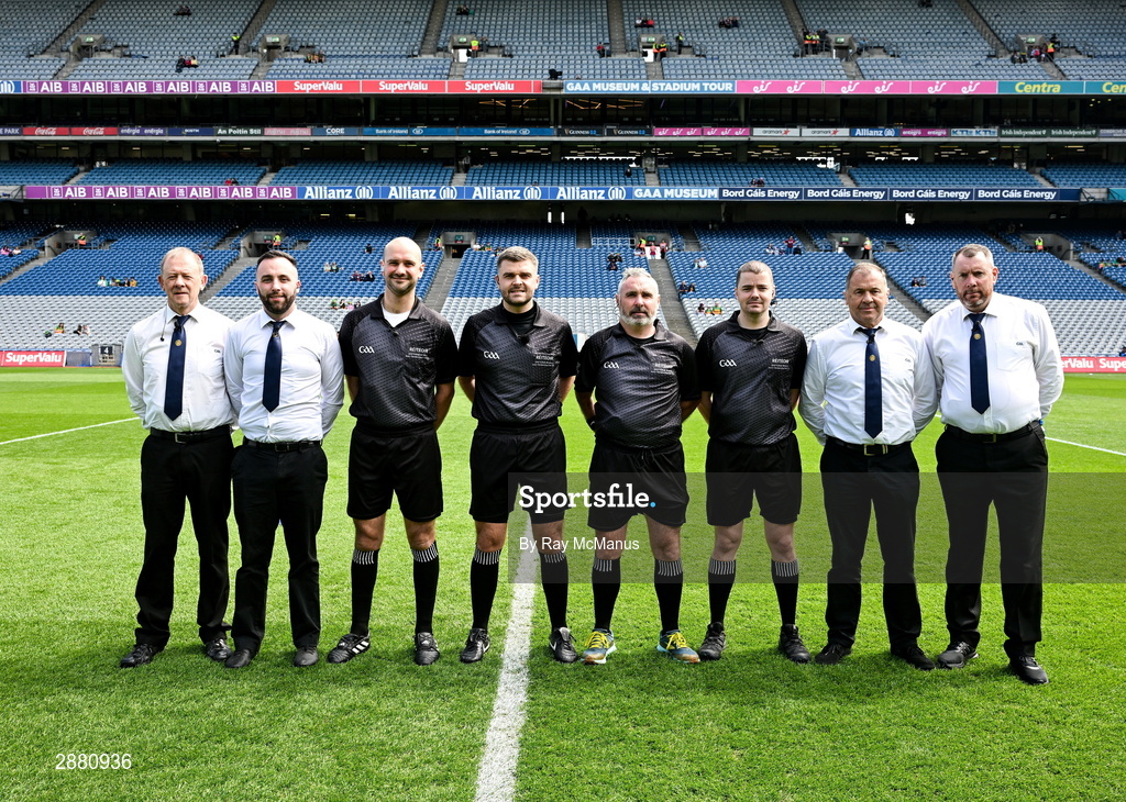 14 July 2024; Referee Conor Dourneen, his umpires and officials before the GAA Football All-Ireland Junior Championship final between London and New York at Croke Park in Dublin. Photo by Ray McManus/Sportsfile
