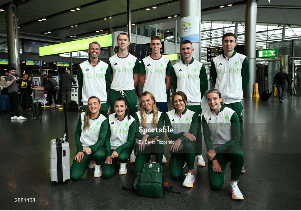 19 July 2024; Athletes, back row, from left, Thomas Barr, Jack Raftery, Cathal Doyle, Chris O'Donnell and Mark English and front row, from left, Lauren Cadden, Phil Healy, Sharlene Mawdsley, Sophie Becker and Rachel McCann at Dublin Airport as members of Team Ireland Depart for the 2024 Paris Olympic Games. Photo by David Fitzgerald/Sportsfile