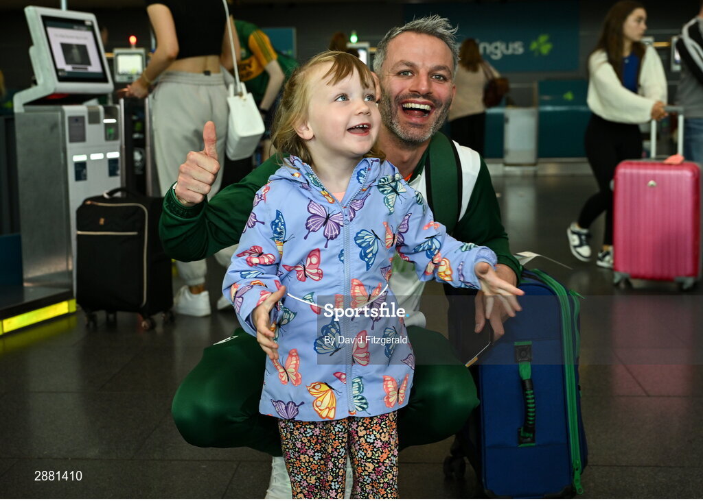 19 July 2024; Athlete Thomas Barr with supporter Nora Murphy, age 3, from Wexford at Dublin Airport as members of Team Ireland Depart for the 2024 Paris Olympic Games. Photo by David Fitzgerald/Sportsfile