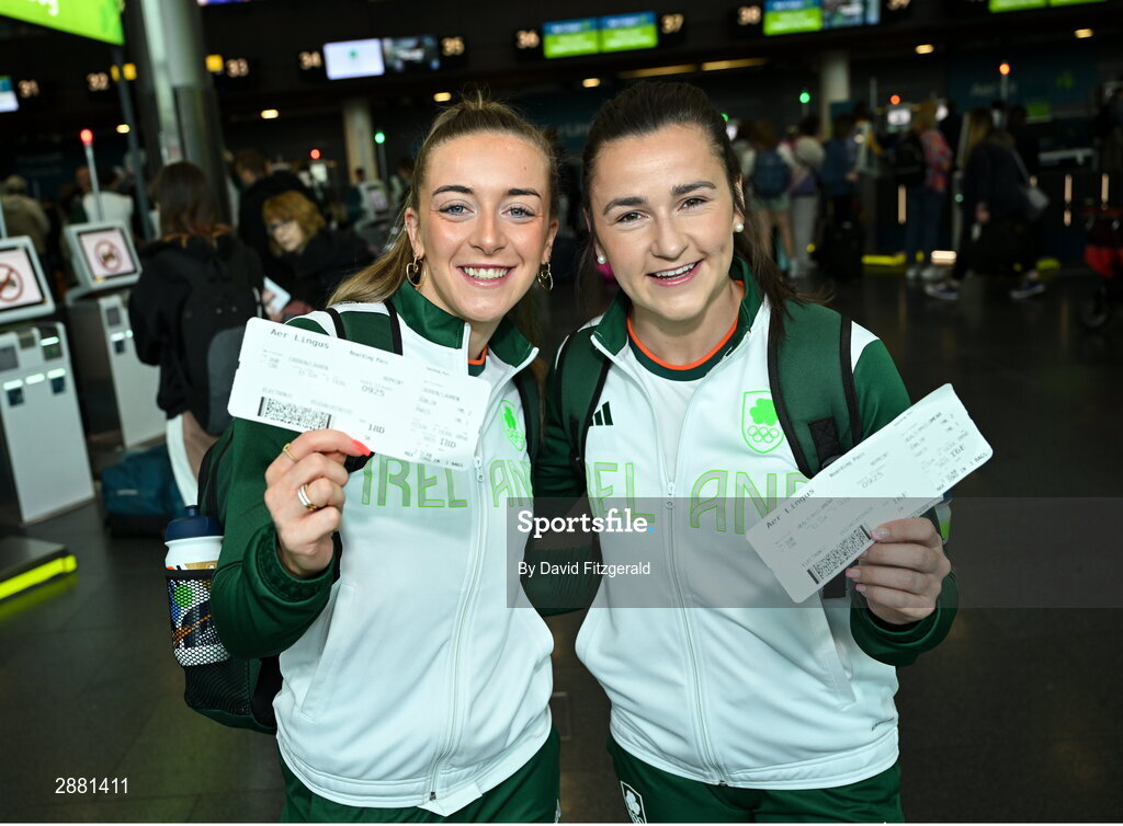 19 July 2024; Athletes Lauren Cadden, left, and Phil Healy at Dublin Airport as members of Team Ireland Depart for the 2024 Paris Olympic Games. Photo by David Fitzgerald/Sportsfile