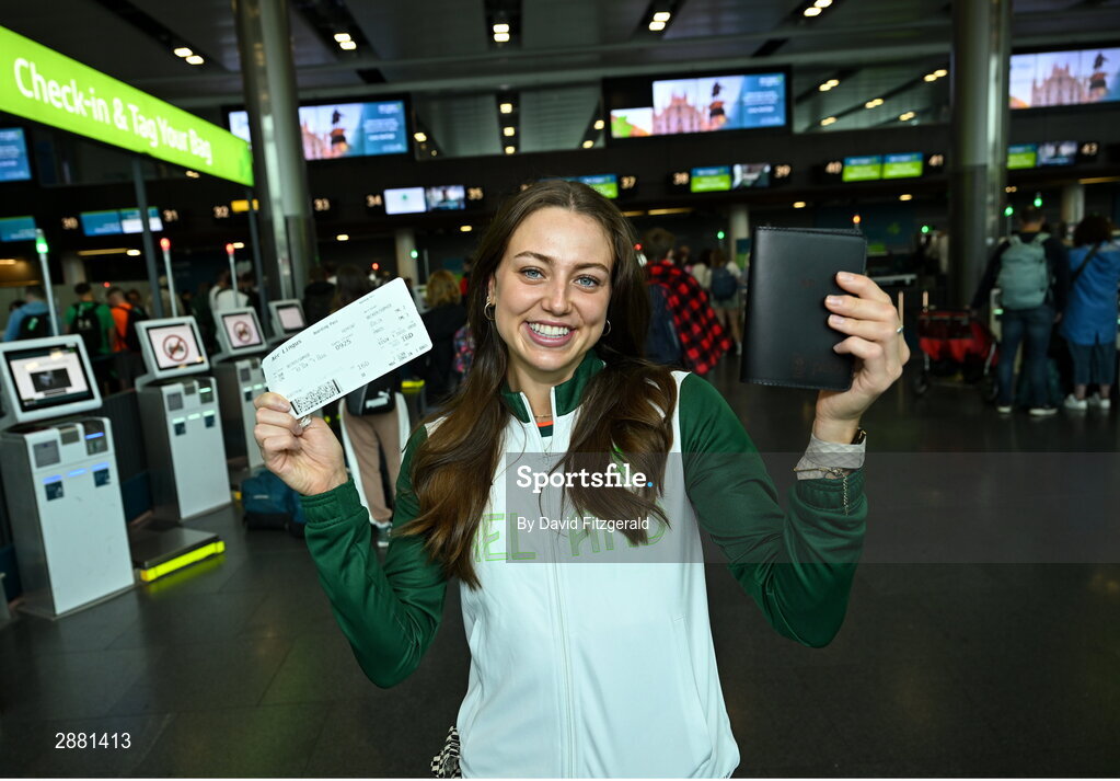 19 July 2024; Athlete Sophie Becker at Dublin Airport as members of Team Ireland Depart for the 2024 Paris Olympic Games. Photo by David Fitzgerald/Sportsfile