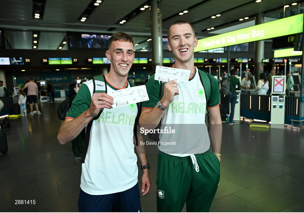 19 July 2024; Athletes Cathal Doyle, left, and Jack Raftery at Dublin Airport as members of Team Ireland Depart for the 2024 Paris Olympic Games. Photo by David Fitzgerald/Sportsfile