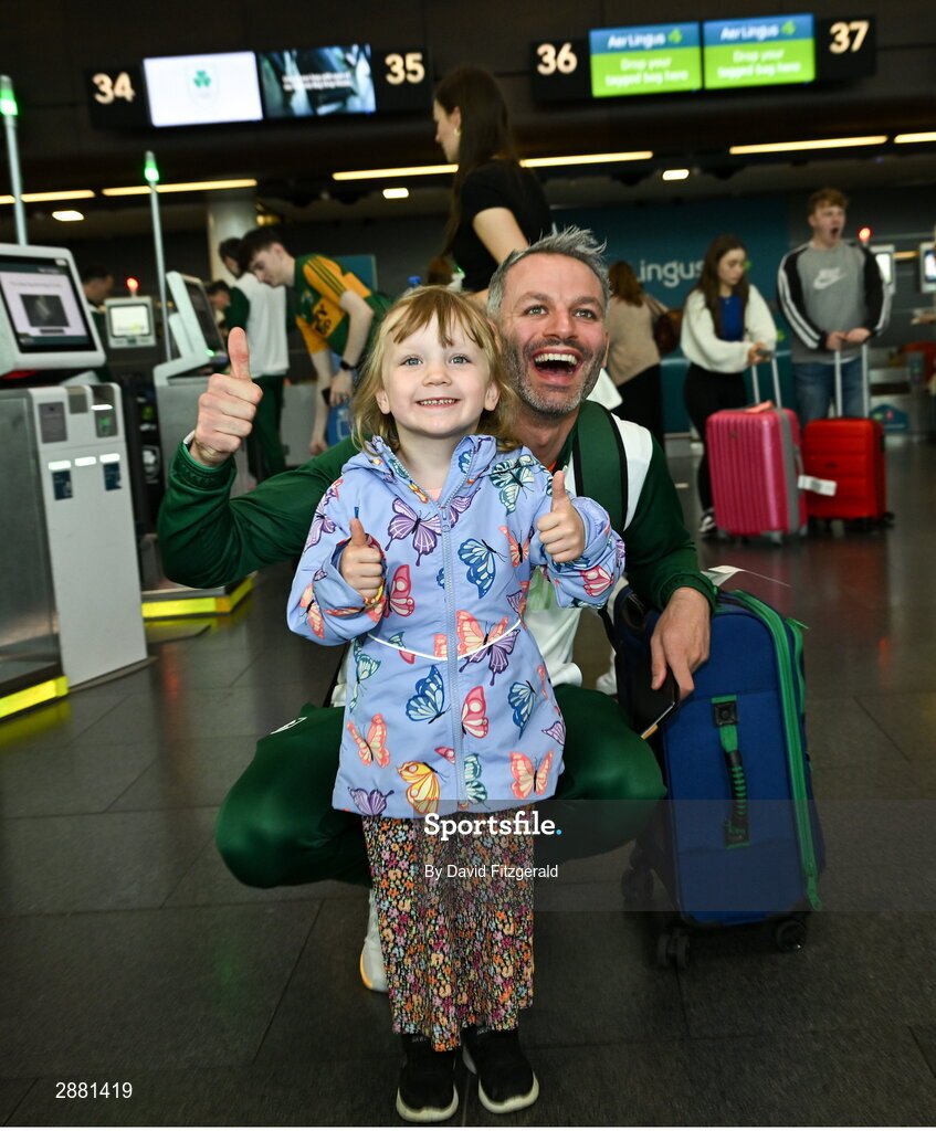 19 July 2024; Athlete Thomas Barr with supporter Nora Murphy, age 3, from Wexford at Dublin Airport as members of Team Ireland Depart for the 2024 Paris Olympic Games. Photo by David Fitzgerald/Sportsfile