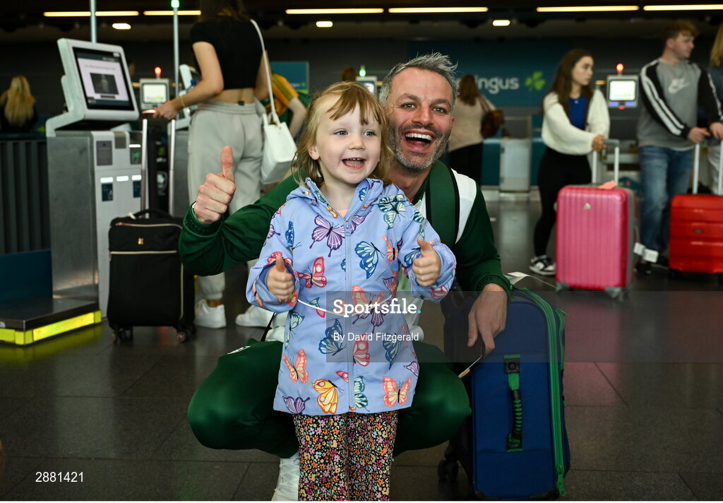 19 July 2024; Athlete Thomas Barr with supporter Nora Murphy, age 3, from Wexford at Dublin Airport as members of Team Ireland Depart for the 2024 Paris Olympic Games. Photo by David Fitzgerald/Sportsfile
