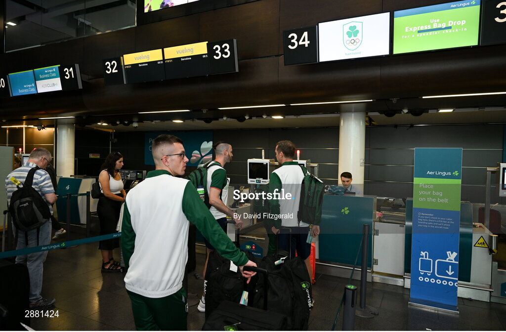 19 July 2024; Athletes queue at the Team Ireland check in at Dublin Airport as members of Team Ireland Depart for the 2024 Paris Olympic Games. Photo by David Fitzgerald/Sportsfile