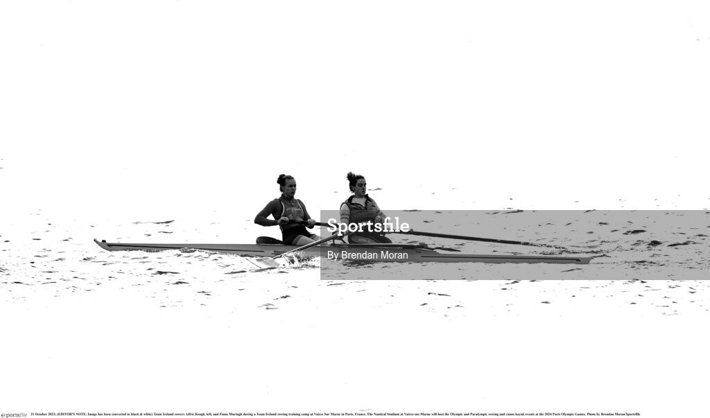 21 October 2023; (EDITOR'S NOTE; Image has been converted to black & white) Team Ireland rowers Aifric Keogh, left, and Fiona Murtagh during a Team Ireland rowing training camp at Vaires Sur Marne in Paris, France. The Nautical Stadium at Vaires-sur-Marne will host the Olympic and Paralympic rowing and canoe-kayak events at the 2024 Paris Olympic Games. Photo by Brendan Moran/Sportsfile