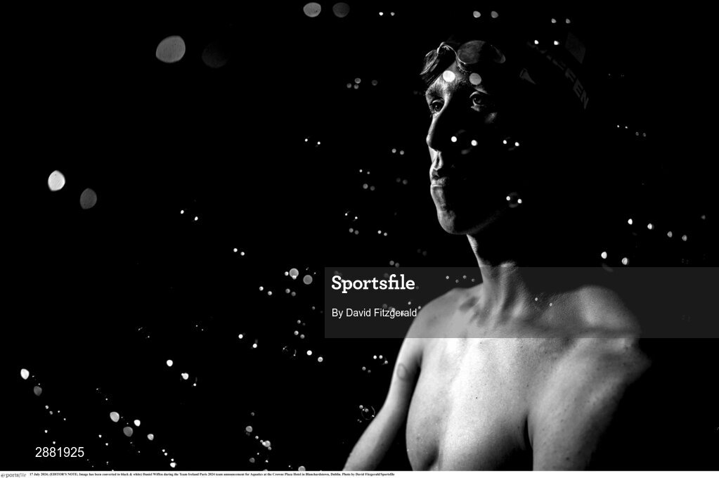 17 July 2024; (EDITOR'S NOTE; Image has been converted to black & white) Daniel Wiffen during the Team Ireland Paris 2024 team announcement for Aquatics at the Crowne Plaza Hotel in Blanchardstown, Dublin. Photo by David Fitzgerald/Sportsfile