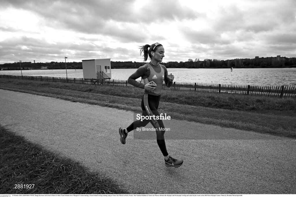 21 October 2023; (EDITOR'S NOTE; Image has been converted to black & white) Team Ireland rower Margaret Cremen during a Team Ireland rowing training camp at Vaires Sur Marne in Paris, France. The Nautical Stadium at Vaires-sur-Marne will host the Olympic and Paralympic rowing and canoe-kayak events at the 2024 Paris Olympic Games. Photo by Brendan Moran/Sportsfile