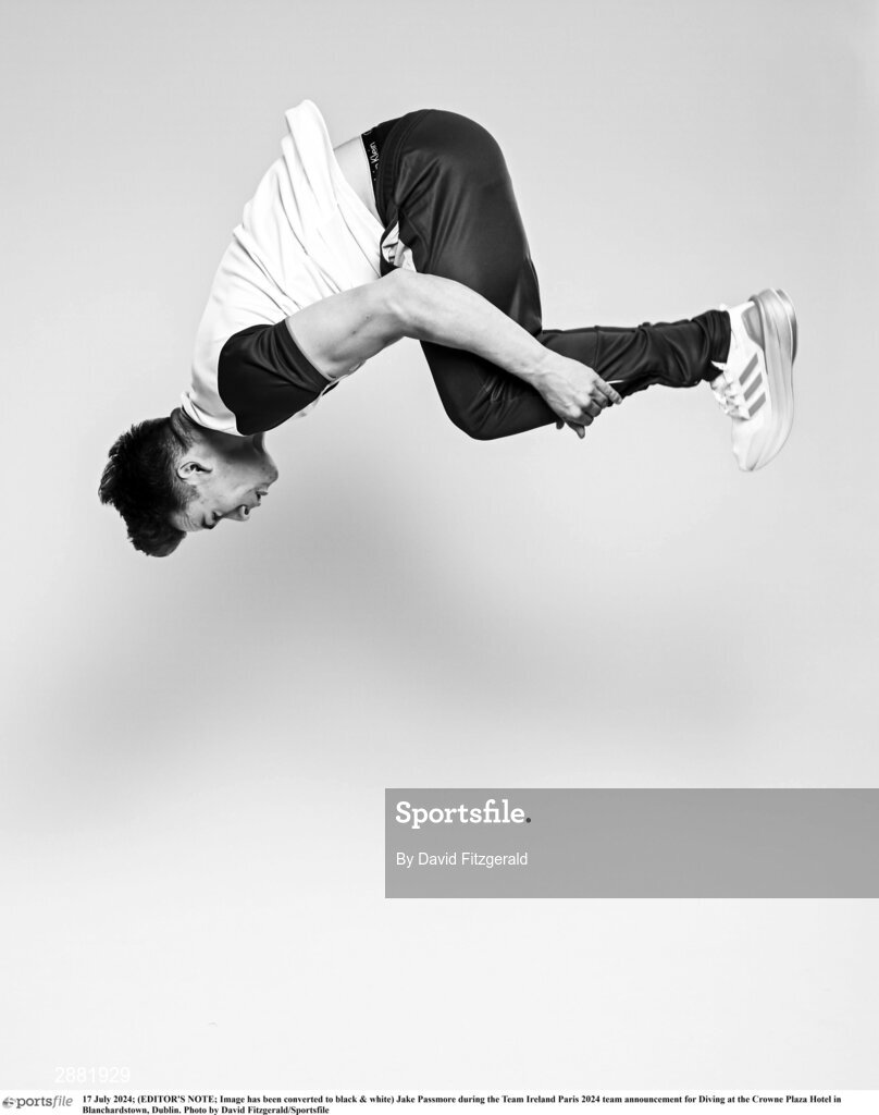 17 July 2024; (EDITOR'S NOTE; Image has been converted to black & white) Jake Passmore during the Team Ireland Paris 2024 team announcement for Diving at the Crowne Plaza Hotel in Blanchardstown, Dublin. Photo by David Fitzgerald/Sportsfile