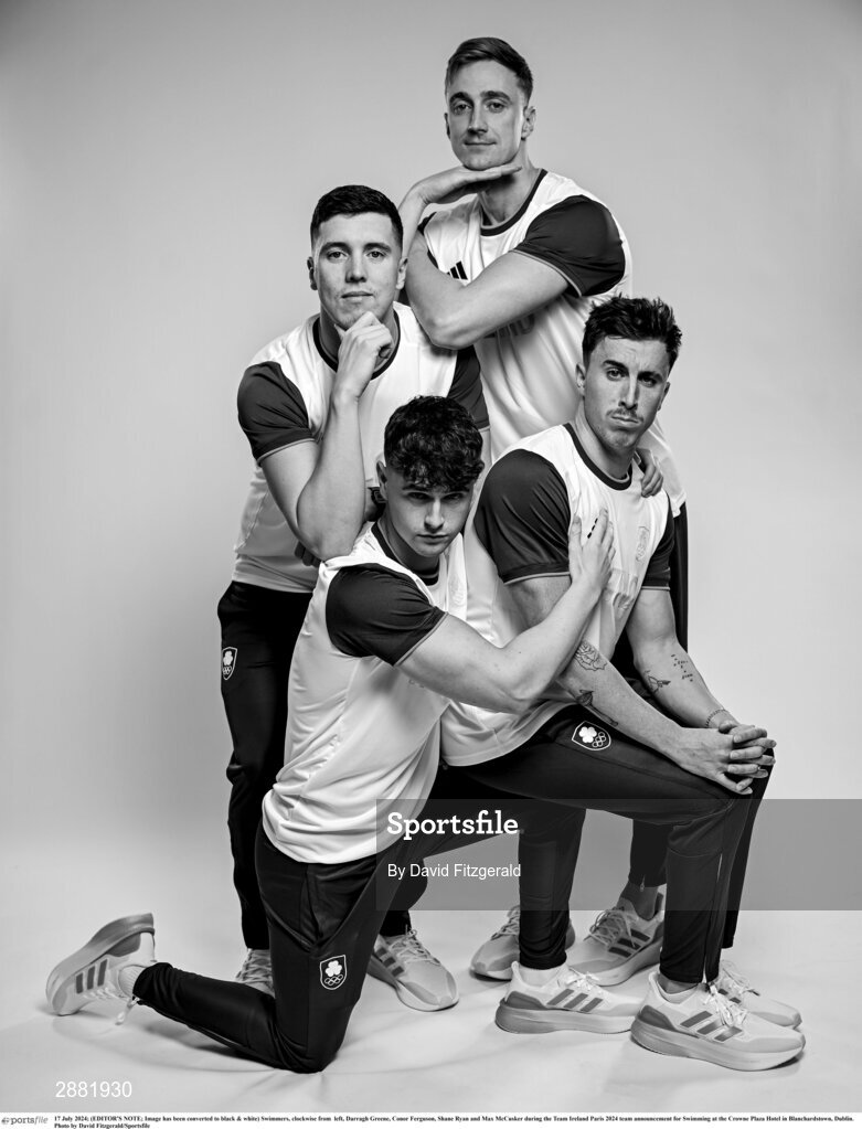 17 July 2024; (EDITOR'S NOTE; Image has been converted to black & white) Swimmers, clockwise from  left, Darragh Greene, Conor Ferguson, Shane Ryan and Max McCusker during the Team Ireland Paris 2024 team announcement for Swimming at the Crowne Plaza Hotel in Blanchardstown, Dublin. Photo by David Fitzgerald/Sportsfile