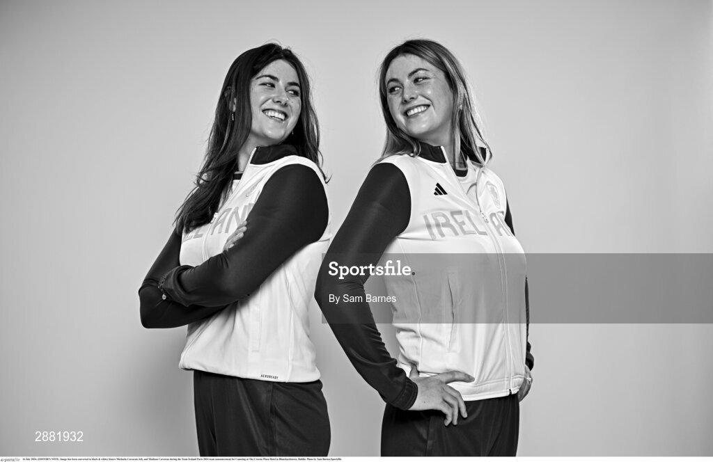 16 July 2024; (EDITOR'S NOTE; Image has been converted to black & white) Sisters Michaela Corcoran, left, and Madison Corcoran during the Team Ireland Paris 2024 team announcement for Canoeing at The Crowne Plaza Hotel in Blanchardstown, Dublin. Photo by Sam Barnes/Sportsfile