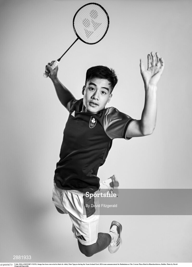 9 July 2024; (EDITOR'S NOTE; Image has been converted to black & white) Nhat Nguyen during the Team Ireland Paris 2024 team announcement for Badminton at The Crowne Plaza Hotel in Blanchardstown, Dublin. Photo by David Fitzgerald/Sportsfile