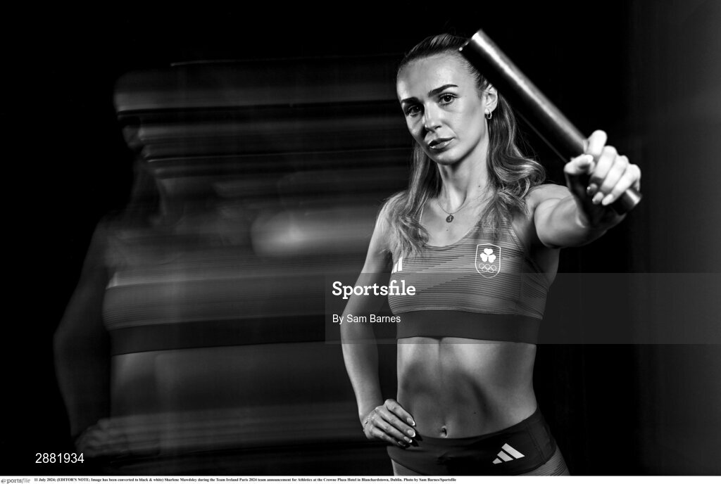 11 July 2024; (EDITOR'S NOTE; Image has been converted to black & white) Sharlene Mawdsley during the Team Ireland Paris 2024 team announcement for Athletics at the Crowne Plaza Hotel in Blanchardstown, Dublin. Photo by Sam Barnes/Sportsfile