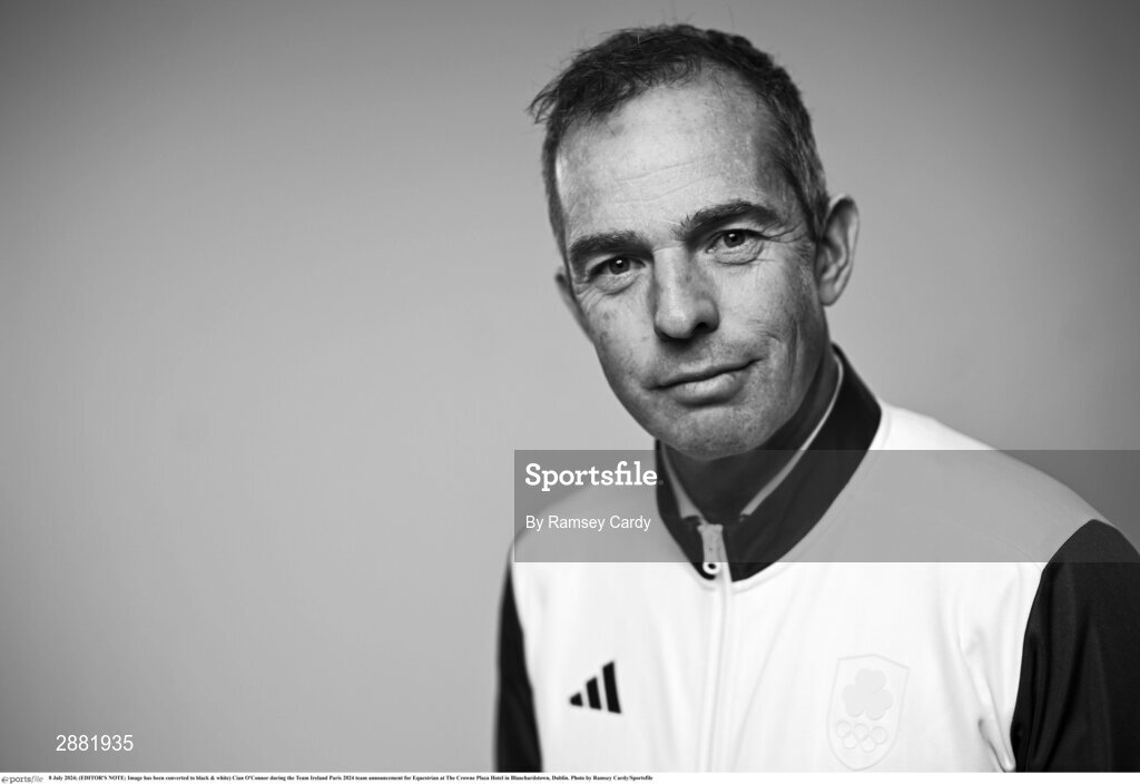 8 July 2024; (EDITOR'S NOTE; Image has been converted to black & white) Cian O'Connor during the Team Ireland Paris 2024 team announcement for Equestrian at The Crowne Plaza Hotel in Blanchardstown, Dublin. Photo by Ramsey Cardy/Sportsfile