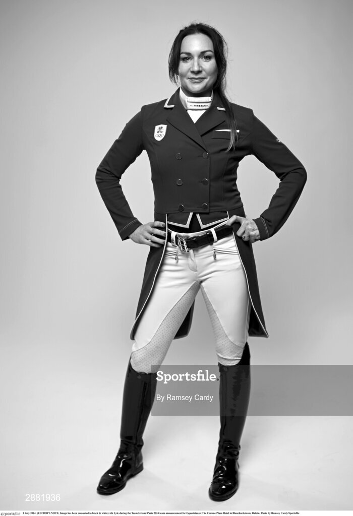 8 July 2024; (EDITOR'S NOTE; Image has been converted to black & white) Abi Lyle during the Team Ireland Paris 2024 team announcement for Equestrian at The Crowne Plaza Hotel in Blanchardstown, Dublin. Photo by Ramsey Cardy/Sportsfile