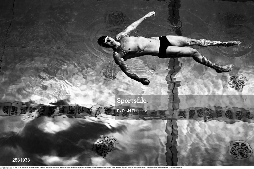 8 July 2024; (EDITOR'S NOTE; Image has been converted to black & white) Darragh Greene during Team Ireland Paris 2024 Aquatics team training at the National Aquatic Centre on the Sport Ireland Campus in Dublin. Photo by David Fitzgerald/Sportsfile