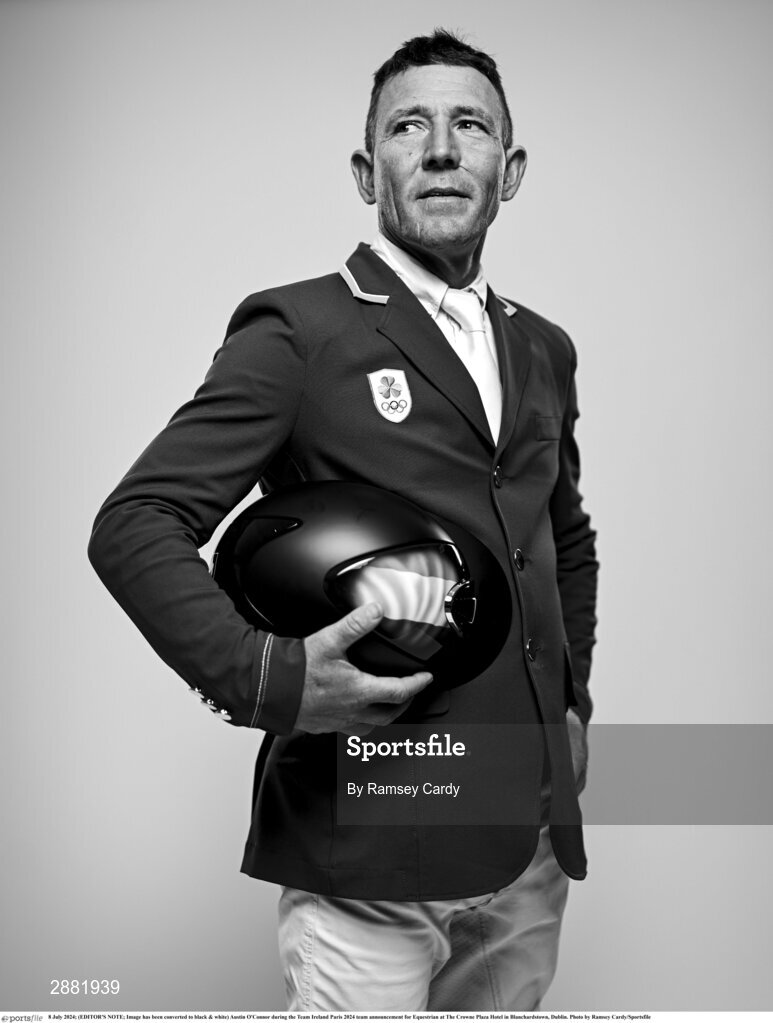 8 July 2024; (EDITOR'S NOTE; Image has been converted to black & white) Austin O'Connor during the Team Ireland Paris 2024 team announcement for Equestrian at The Crowne Plaza Hotel in Blanchardstown, Dublin. Photo by Ramsey Cardy/Sportsfile