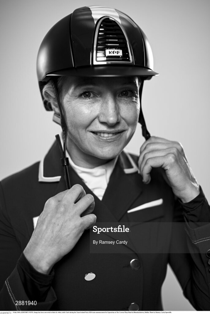8 July 2024; (EDITOR'S NOTE; Image has been converted to black & white) Aoife Clark during the Team Ireland Paris 2024 team announcement for Equestrian at The Crowne Plaza Hotel in Blanchardstown, Dublin. Photo by Ramsey Cardy/Sportsfile