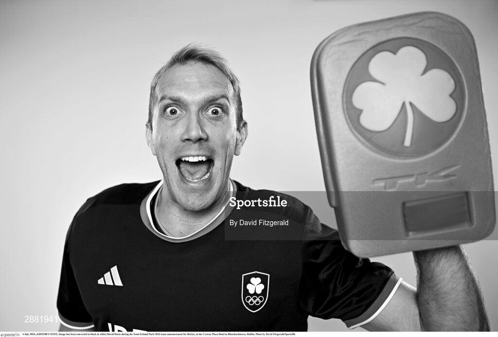 6 July 2024; (EDITOR'S NOTE; Image has been converted to black & white) David Harte during the Team Ireland Paris 2024 team announcement for Hockey at the Crowne Plaza Hotel in Blanchardstown, Dublin. Photo by David Fitzgerald/Sportsfile