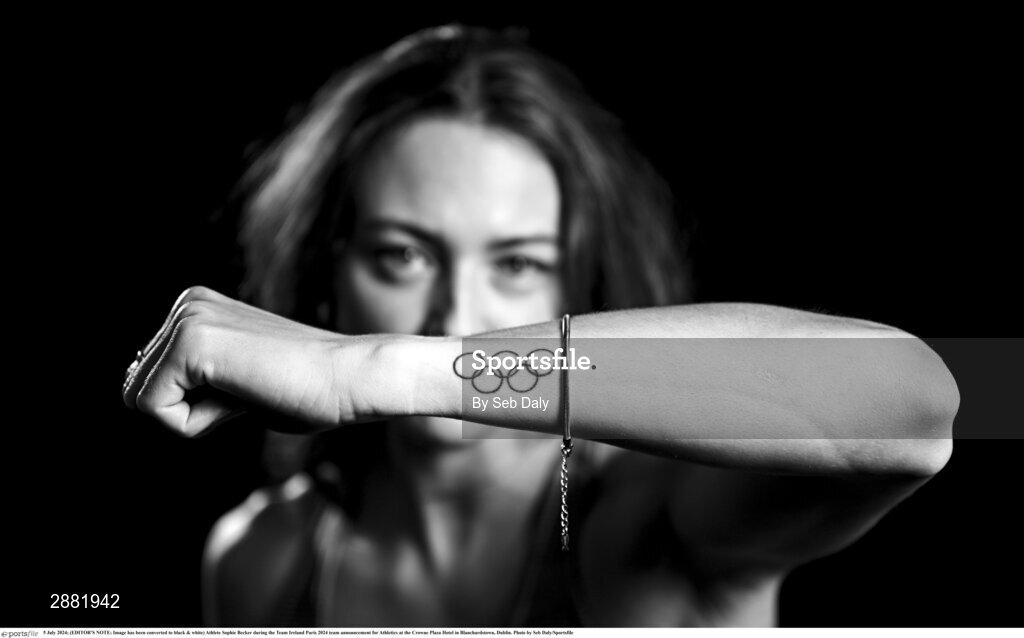 5 July 2024; (EDITOR'S NOTE; Image has been converted to black & white) Athlete Sophie Becker during the Team Ireland Paris 2024 team announcement for Athletics at the Crowne Plaza Hotel in Blanchardstown, Dublin. Photo by Seb Daly/Sportsfile