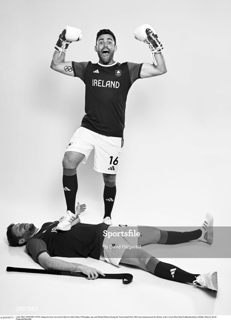 6 July 2024; (EDITOR'S NOTE; Image has been converted to black & white) Shane O’Donoghue, top, and Michael Robson during the Team Ireland Paris 2024 team announcement for Hockey at the Crowne Plaza Hotel in Blanchardstown, Dublin. Photo by David Fitzgerald/Sportsfile