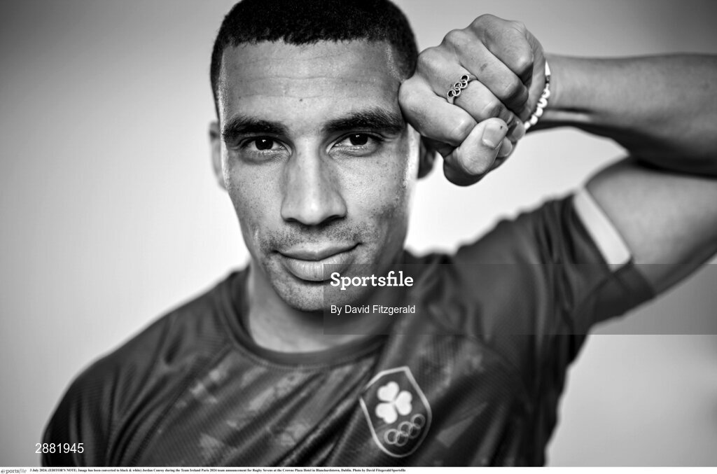 3 July 2024; (EDITOR'S NOTE; Image has been converted to black & white) Jordan Conroy during the Team Ireland Paris 2024 team announcement for Rugby Sevens at the Crowne Plaza Hotel in Blanchardstown, Dublin. Photo by David Fitzgerald/Sportsfile