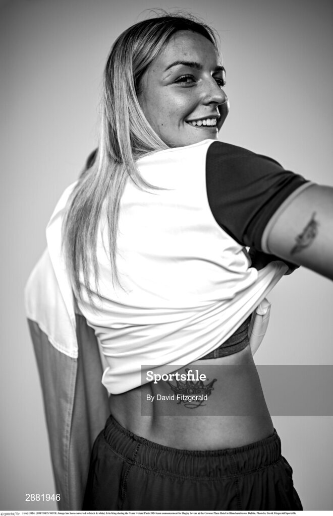 3 July 2024; (EDITOR'S NOTE; Image has been converted to black & white) Erin King during the Team Ireland Paris 2024 team announcement for Rugby Sevens at the Crowne Plaza Hotel in Blanchardstown, Dublin. Photo by David Fitzgerald/Sportsfile