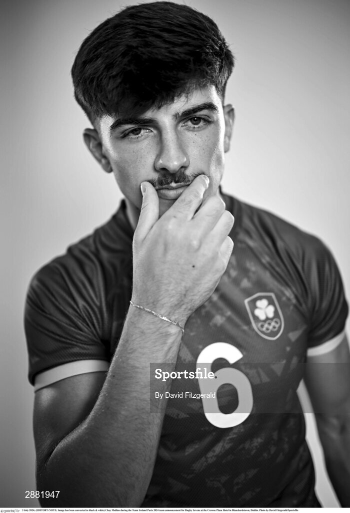 3 July 2024; (EDITOR'S NOTE; Image has been converted to black & white) Chay Mullins during the Team Ireland Paris 2024 team announcement for Rugby Sevens at the Crowne Plaza Hotel in Blanchardstown, Dublin. Photo by David Fitzgerald/Sportsfile