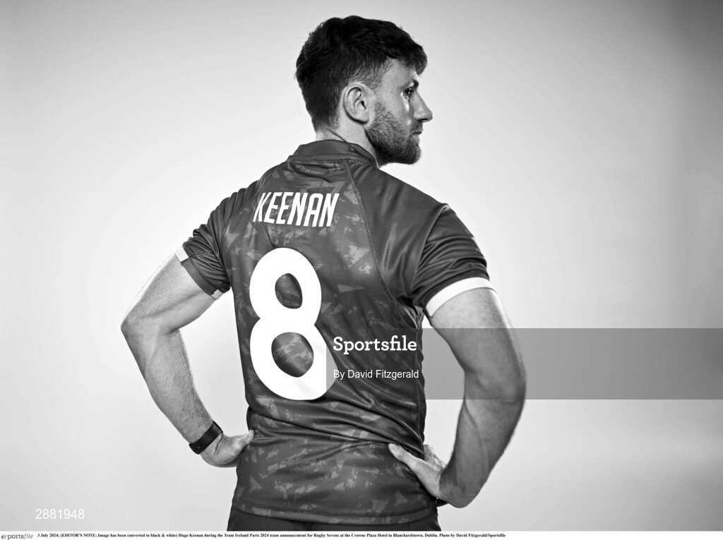 3 July 2024; (EDITOR'S NOTE; Image has been converted to black & white) Hugo Keenan during the Team Ireland Paris 2024 team announcement for Rugby Sevens at the Crowne Plaza Hotel in Blanchardstown, Dublin. Photo by David Fitzgerald/Sportsfile