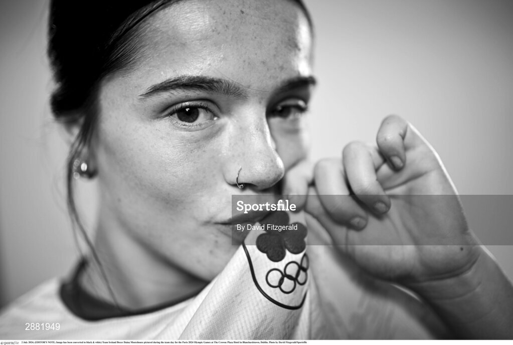2 July 2024; (EDITOR'S NOTE; Image has been converted to black & white) Team Ireland Boxer Daina Moorehouse pictured during the team day for the Paris 2024 Olympic Games at The Crowne Plaza Hotel in Blanchardstown, Dublin. Photo by David Fitzgerald/Sportsfile