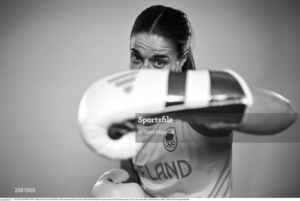2 July 2024; (EDITOR'S NOTE; Image has been converted to black & white) Team Ireland Boxer Grainne Walsh pictured during the team day for the Paris 2024 Olympic Games at The Crowne Plaza Hotel in Blanchardstown, Dublin. Photo by David Fitzgerald/Sportsfile