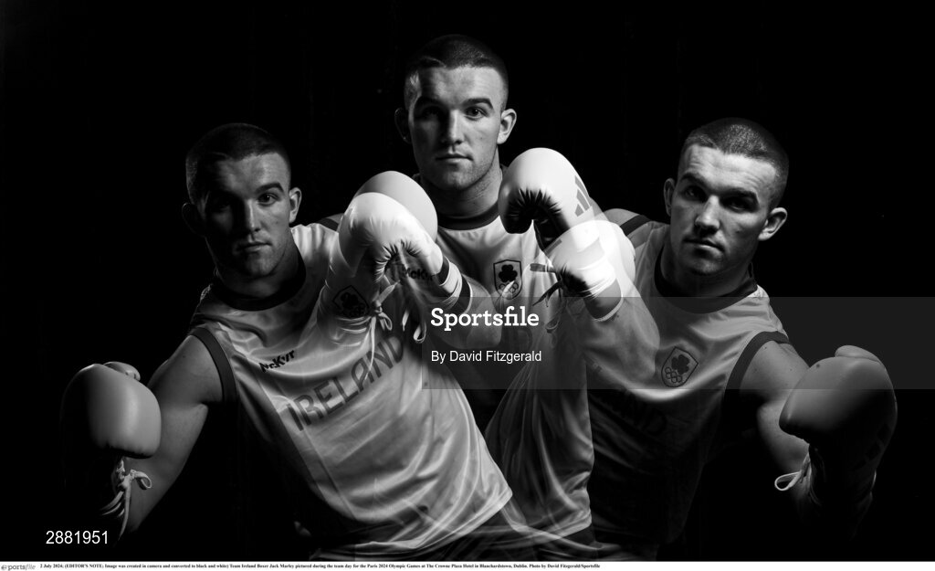 2 July 2024; (EDITOR'S NOTE; Image was created in camera and converted to black and white) Team Ireland Boxer Jack Marley pictured during the team day for the Paris 2024 Olympic Games at The Crowne Plaza Hotel in Blanchardstown, Dublin. Photo by David Fitzgerald/Sportsfile