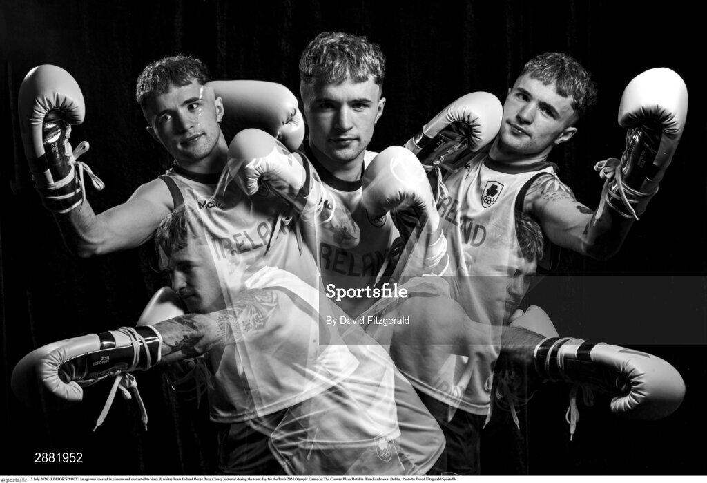 2 July 2024; (EDITOR'S NOTE; Image was created in camera and converted to black & white) Team Ireland Boxer Dean Clancy pictured during the team day for the Paris 2024 Olympic Games at The Crowne Plaza Hotel in Blanchardstown, Dublin. Photo by David Fitzgerald/Sportsfile