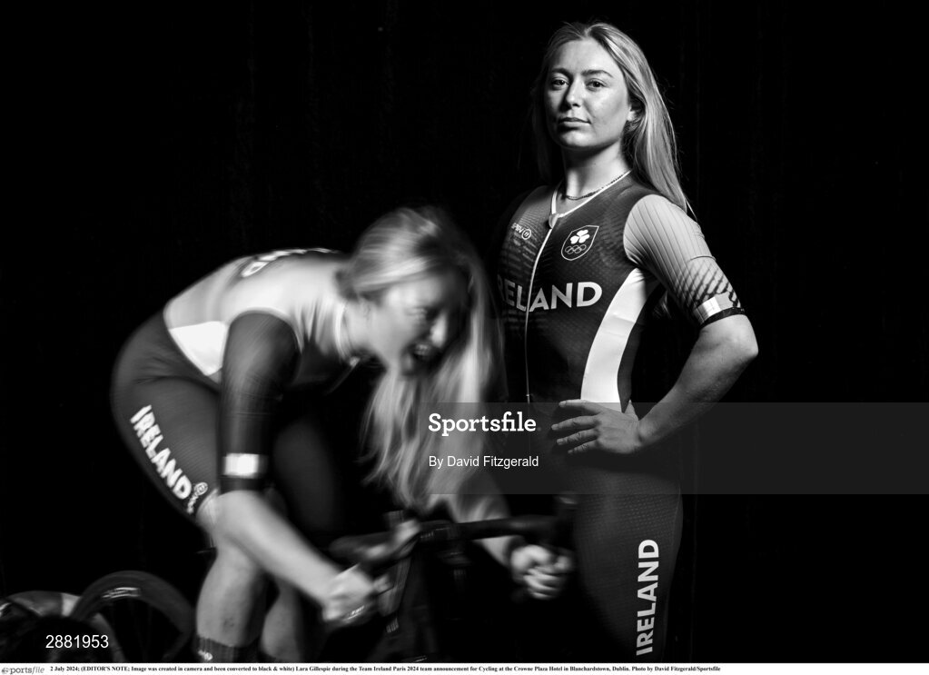 2 July 2024; (EDITOR'S NOTE; Image was created in camera and been converted to black & white) Lara Gillespie during the Team Ireland Paris 2024 team announcement for Cycling at the Crowne Plaza Hotel in Blanchardstown, Dublin. Photo by David Fitzgerald/Sportsfile