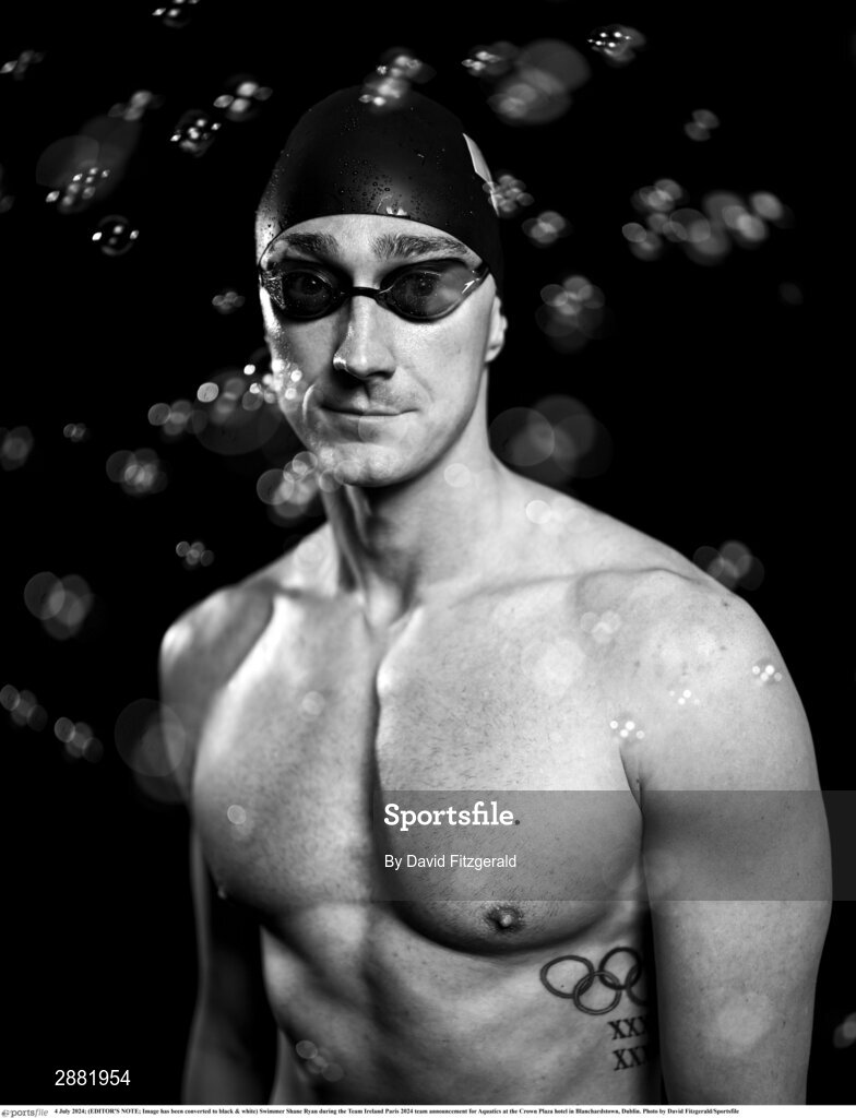 4 July 2024; (EDITOR'S NOTE; Image has been converted to black & white) Swimmer Shane Ryan during the Team Ireland Paris 2024 team announcement for Aquatics at the Crown Plaza hotel in Blanchardstown, Dublin. Photo by David Fitzgerald/Sportsfile