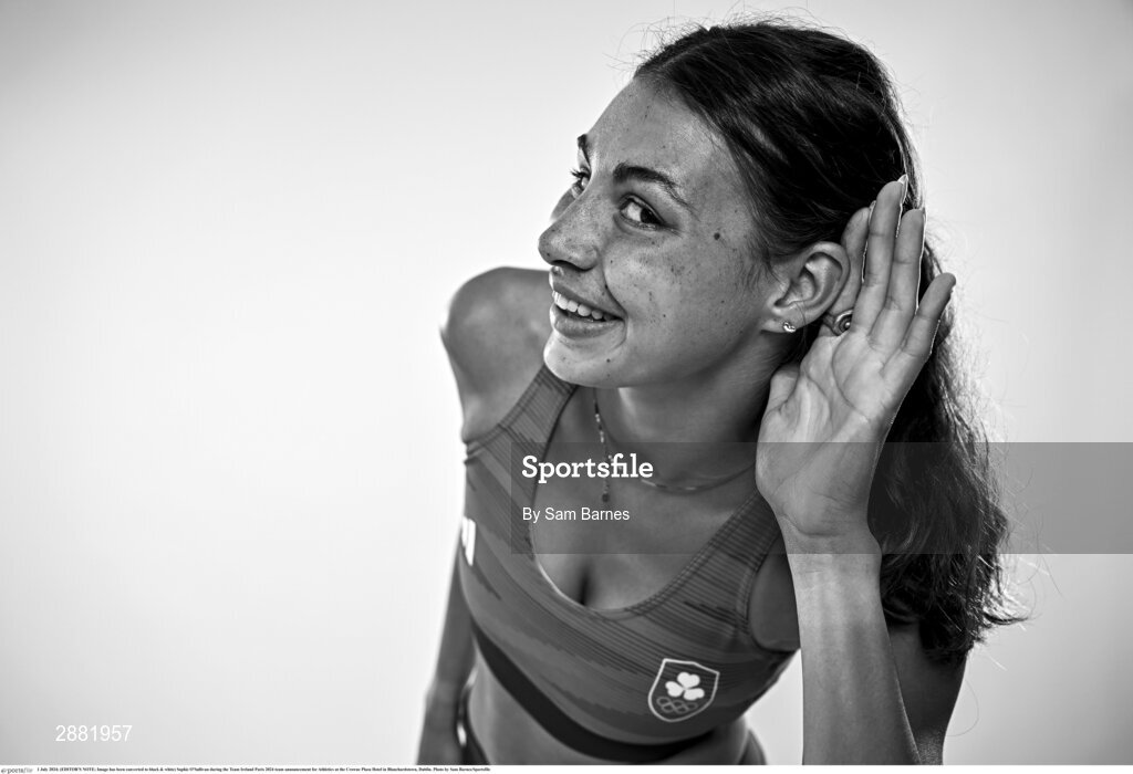 1 July 2024; (EDITOR'S NOTE; Image has been converted to black & white) Sophie O'Sullivan during the Team Ireland Paris 2024 team announcement for Athletics at the Crowne Plaza Hotel in Blanchardstown, Dublin. Photo by Sam Barnes/Sportsfile