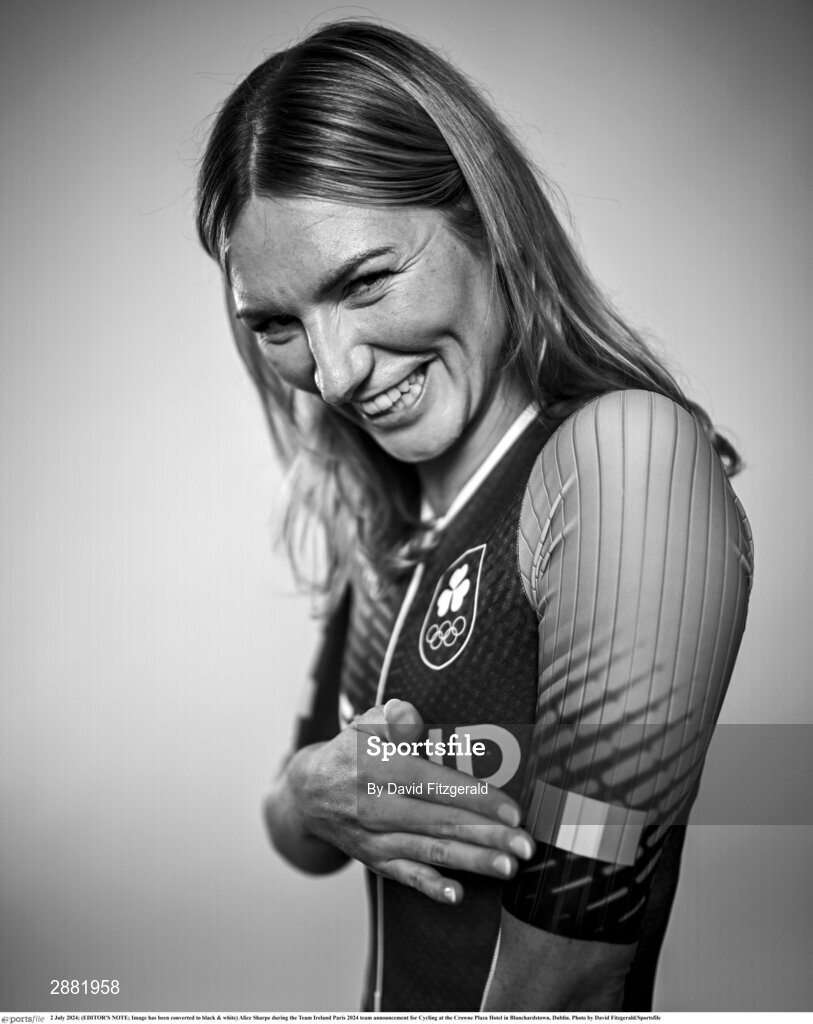 2 July 2024; (EDITOR'S NOTE; Image has been converted to black & white) Alice Sharpe during the Team Ireland Paris 2024 team announcement for Cycling at the Crowne Plaza Hotel in Blanchardstown, Dublin. Photo by David Fitzgerald/Sportsfile
