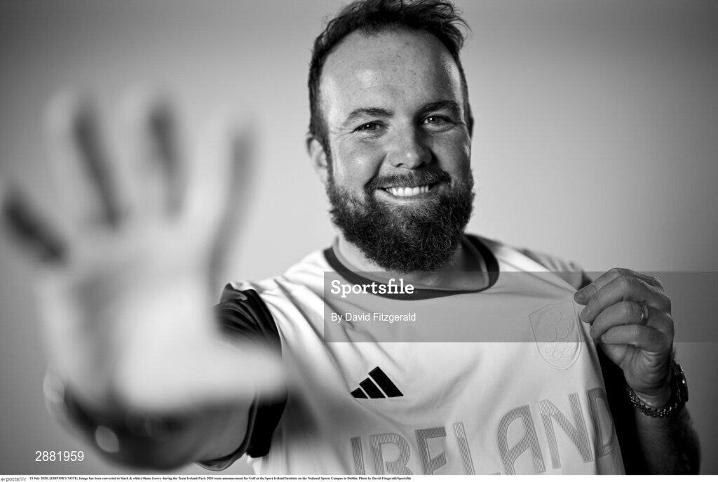15 July 2024; (EDITOR'S NOTE; Image has been converted to black & white) Shane Lowry during the Team Ireland Paris 2024 team announcement for Golf at the Sport Ireland Institute on the National Sports Campus in Dublin. Photo by David Fitzgerald/Sportsfile