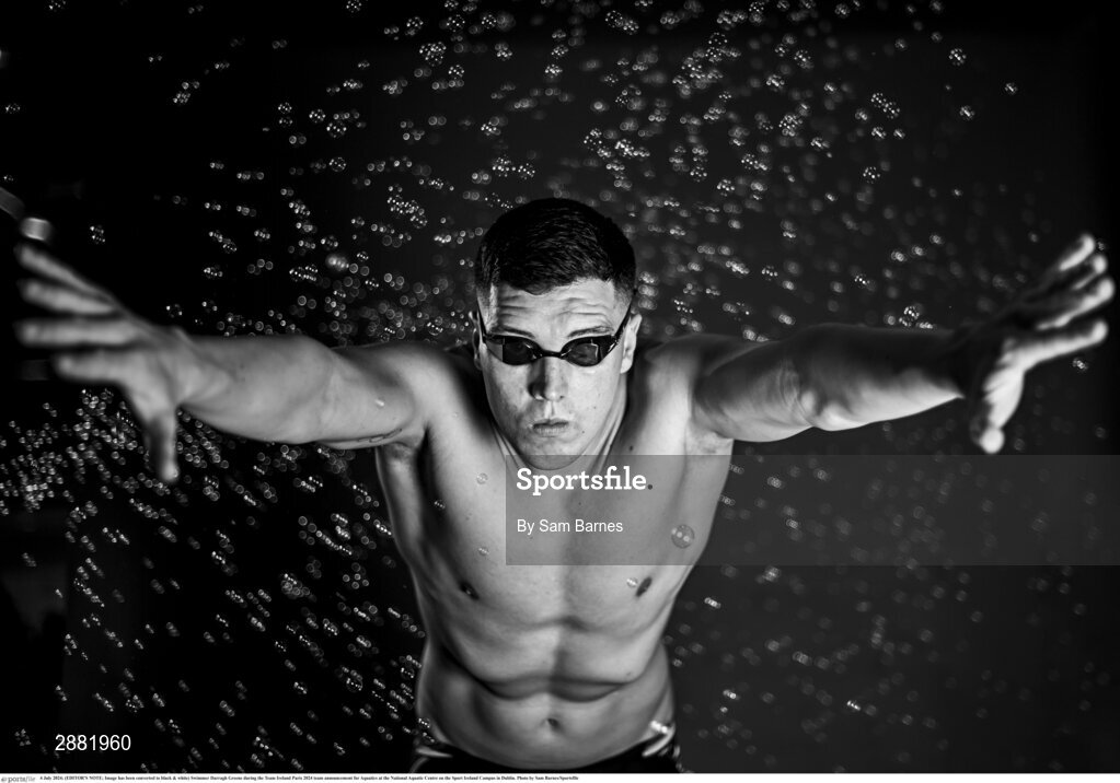 4 July 2024; (EDITOR'S NOTE; Image has been converted to black & white) Swimmer Darragh Greene during the Team Ireland Paris 2024 team announcement for Aquatics at the National Aquatic Centre on the Sport Ireland Campus in Dublin. Photo by Sam Barnes/Sportsfile