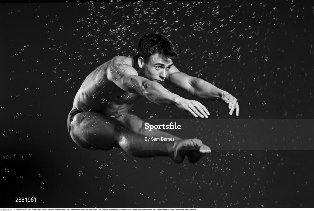 26 June 2024; (EDITOR'S NOTE; Image has been converted to black & white) Diver Jake Passmore during the Team Ireland Paris 2024 team announcement for Aquatics at the National Aquatic Centre on the Sport Ireland Campus in Dublin. Photo by Sam Barnes/Sportsfile