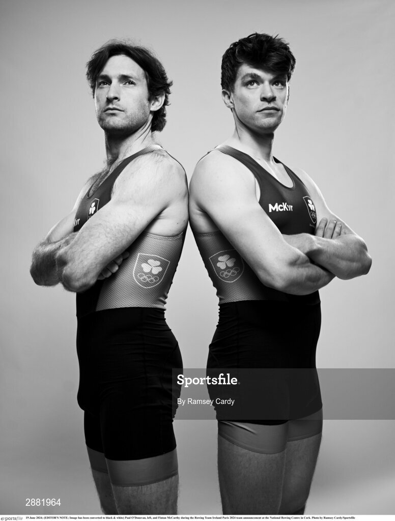 19 June 2024; (EDITOR'S NOTE; Image has been converted to black & white) Paul O’Donovan, left, and Fintan McCarthy during the Rowing Team Ireland Paris 2024 team announcement at the National Rowing Centre in Cork. Photo by Ramsey Cardy/Sportsfile