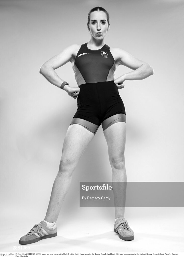 19 June 2024; (EDITOR'S NOTE; Image has been converted to black & white) Emily Hegarty during the Rowing Team Ireland Paris 2024 team announcement at the National Rowing Centre in Cork. Photo by Ramsey Cardy/Sportsfile