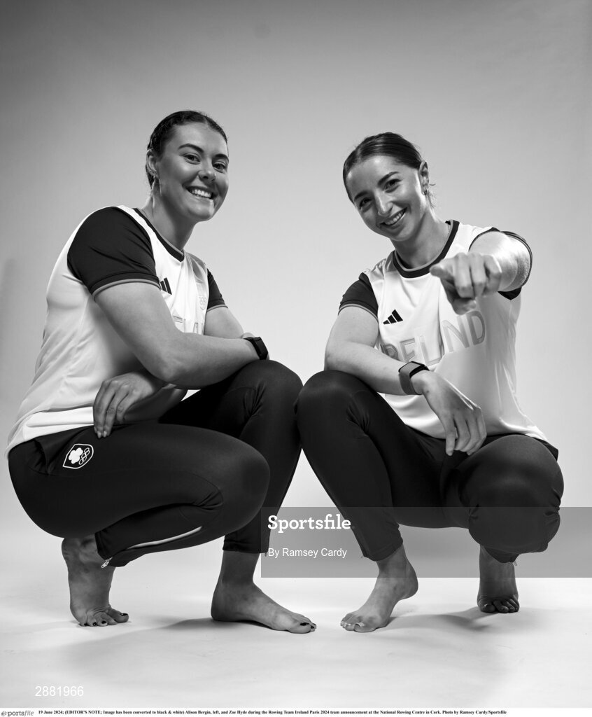 19 June 2024; (EDITOR'S NOTE; Image has been converted to black & white) Alison Bergin, left, and Zoe Hyde during the Rowing Team Ireland Paris 2024 team announcement at the National Rowing Centre in Cork. Photo by Ramsey Cardy/Sportsfile